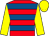 Red, royal blue hoops, yellow sleeves and cap