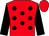 red, black spots, black sleeves, red cap