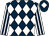 Dark blue and white diamonds, white and dark blue striped sleeves, dark blue cap, white diamond