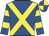Royal blue, yellow cross belts, hooped sleeves, quartered cap