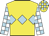 Yellow, light blue triple diamond, white and light blue check sleeves, yellow and light blue check cap