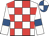 White and red check, white sleeves, royal blue armlets, royal blue and white quartered cap