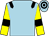 Light blue, black epaulettes, yellow arms, black armlets, light blue cap, black hooped