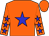 Orange body, blue star, orange arms, blue stars, orange cap