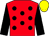 red, black spots, black sleeves, yellow cap