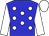 blue, white spots, white sleeves and  cap