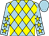 Light blue and yellow diamonds, light blue sleeves, yellow stars, light blue cap