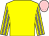 Yellow, grey striped sleeves, pink cap
