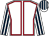 White, red seams, white and dark blue striped sleeves and cap