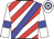 White and red diagonal stripes, blue sash, white sleeves, blue armlets, hooped cap