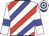White, red and blue diagonal stripes, white sleeves, blue armbands, blue hooped cap, navy peak