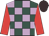 Mint and lilac checks, red sleeves, brown cap