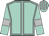 Aquamarine, dark grey seams, aquamarine sleeves, dark grey armbands, striped cap