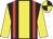 Black body, red braces, yellow stripe, yellow sleeves, yellow and black quartered cap