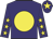 Purple, yellow disc, purple sleeves, yellow stars, purple cap, yellow star