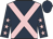 Dark blue, pink cross sashes, pink stars on sleeves, dark blue cap