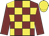 Maroon and yellow check, maroon sleeves, yellow cap
