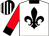 White, black fleur de lys, red sleeves, black collar and cuffs, black and white striped cap