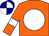 Orange, white disc, white armbands, navy and white quartered cap