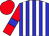 Blue and white stripes, red sleeves, blue armbands, red cap