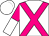 White, magenta crossed sashes, magenta and white halved sleeves, white cap