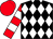 Black and white checked diamonds, red and white hooped sleeves, red cap