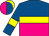 Royal blue and magenta halved horizontally, yellow band and armband, magenta and royal blue halved cap, yellow peak
