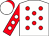 White, red spots and sleeves, white spots and cap, red peak