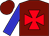 Bright yellow, red maltese cross, blue sleeves, bright yellow cap