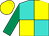 Turquoise and yellow quartered, emerald green sleeves, yellow cap