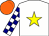 White, yellow star, white and navy checked sleeves, orange cap