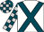 White, teal crossed sashes, teal and silver checked sleeves and cap