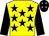 Yellow body, black stars, black arms, black cap, yellow stars