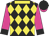 Black and yellow checked diamonds, yellow collar, dayglo pink sleeves, black cuffs and cap, dayglo pink peak