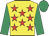 Yellow, red stars, emerald green sleeves and cap