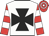 White, black maltese cross, red and white hooped sleeves and cap