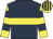 Dark blue, yellow hoop, yellow and dark blue hooped sleeves, yellow and black striped cap
