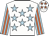 White, light blue stars, light blue and orange striped sleeves, white cap, orange stars