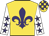 Gold, purple fleur de lys, white sleeves, purple stars, gold and purple checked cap