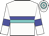 White, blue and turquoise hoop, white sleeves, blue armbands, white cap, turquoise hoops