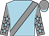 Light blue, grey sash, grey sleeves, light blue stars, grey cap,light blue peak