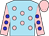 Sky blue, pink spots, pink sleeves, blue spots, pink cap