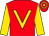 Red, gold v bib and sleeves, hooped cap