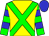 Yellow body, green cross belts, green arms, blue hooped, blue cap