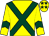 Yellow, dark green cross sashes, yellow sleeves, dark green chevron, yellow cap, dark green stars