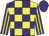 Yellow and purple check, purple and yellow striped sleeves, purple cap