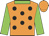Dayglo orange, black spots, dayglo green collar and sleeves, dayglo orange cap