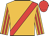 Old gold, red sash, striped sleeves, red cap