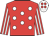 Red, white spots, striped sleeves, white cap, red spots