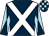 Dark blue, white cross sashes, dark blue sleeves, light blue diabolo, dark blue & light blue check cap
